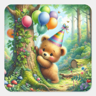 Niedlicher Cartoon Baby Bear Cube Geburtstag Quadratischer Aufkleber