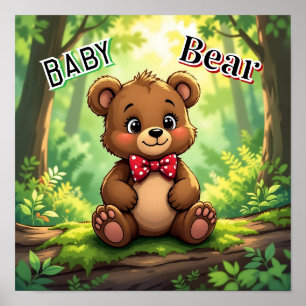 Niedlicher Cartoon Baby Bear in Woods Poster