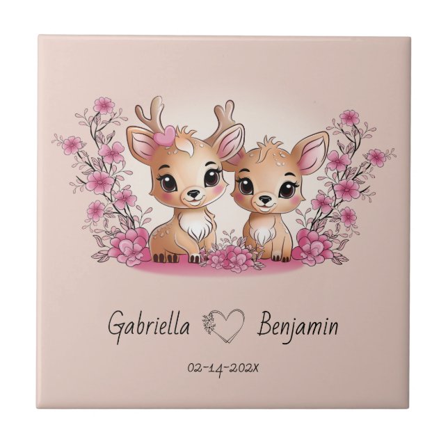 Niedlicher Cartoon Bambi Liebhaber Herzlich Willko Fliese (Vorderseite)