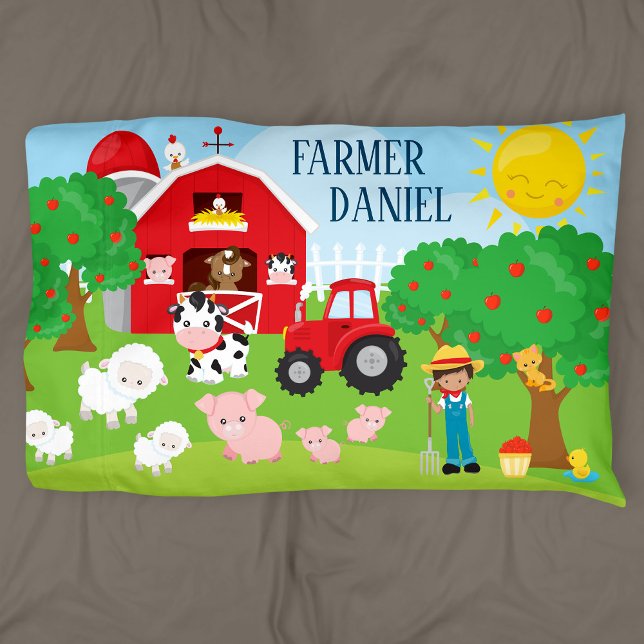Niedlicher Cartoon Barnyard Tiere, Bauer und Trakt Kissenbezug (Von Creator hochgeladen)