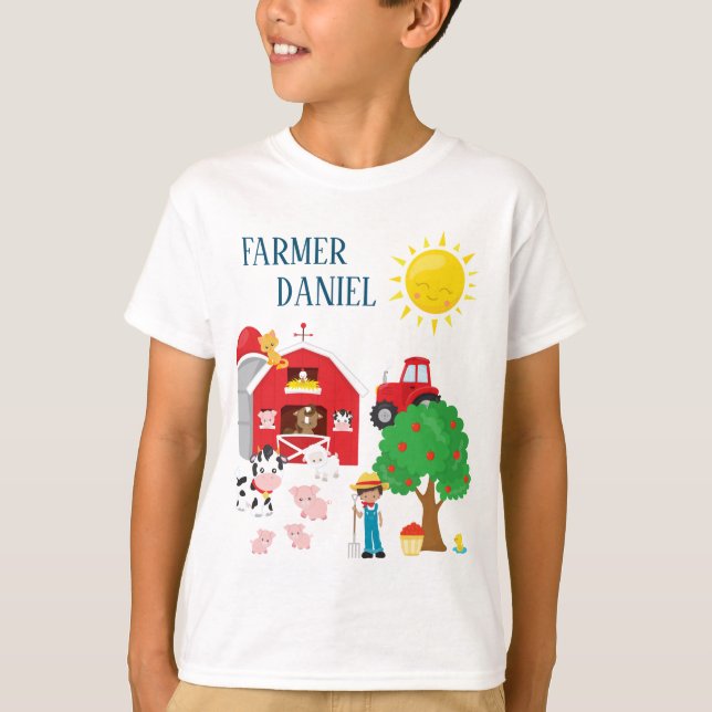 Niedlicher Cartoon Barnyard Tiere, Bauer und Trakt T-Shirt (Vorderseite)