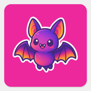 Niedlicher Cartoon Bat mit kräftigen Lila Flügeln  Quadratischer Aufkleber