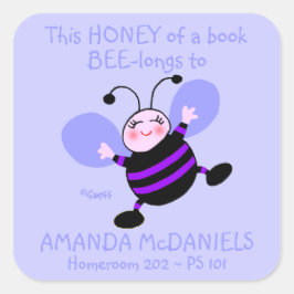Niedlicher Cartoon Bee Schoolbook Name Labels Lila Quadratischer Aufkleber