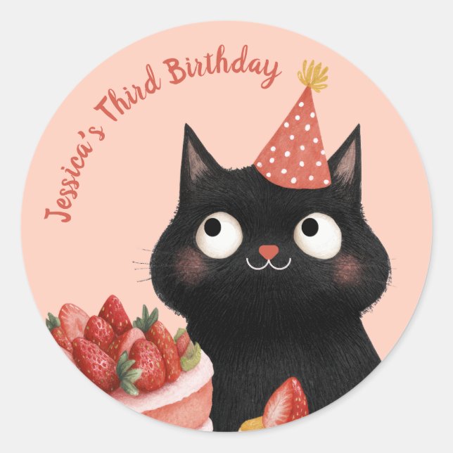 Niedlicher Cartoon Black Cat Kids's Purr-fect Gebu Runder Aufkleber (Vorderseite)