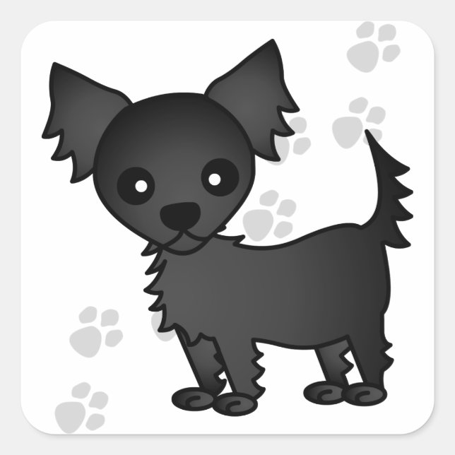 Niedlicher Cartoon Black Long-haarige Chihuahua Quadratischer Aufkleber (Vorderseite)