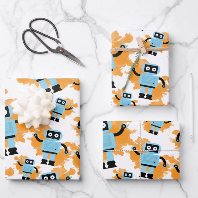 Niedlicher Cartoon Blue Robot Orange Watercolor Sp Geschenkpapier Set (Vorderseite)