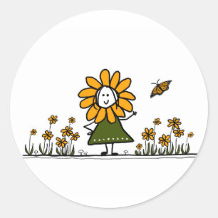 Niedlicher Cartoon Blume Mädchen im Schmetterlings Runder Aufkleber