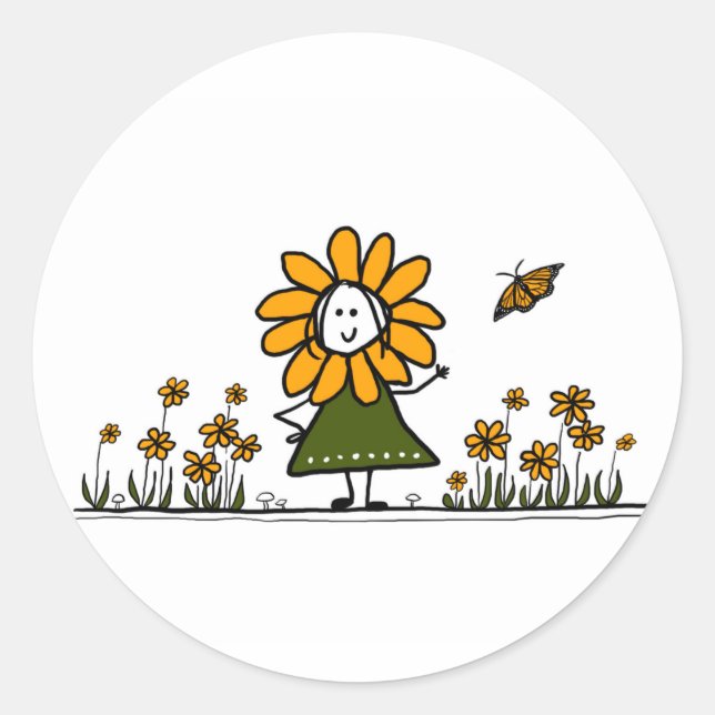 Niedlicher Cartoon Blume Mädchen im Schmetterlings Runder Aufkleber (Vorderseite)