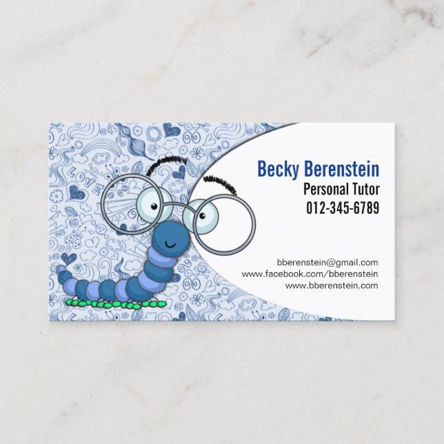 Niedlicher Cartoon Bookworm Tutor Blue Business Ca Visitenkarte (Vorderseite)