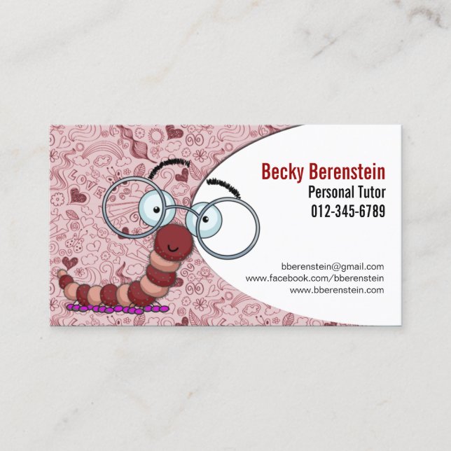 Niedlicher Cartoon Bookworm Tutor Red Business Car Visitenkarte (Vorderseite)