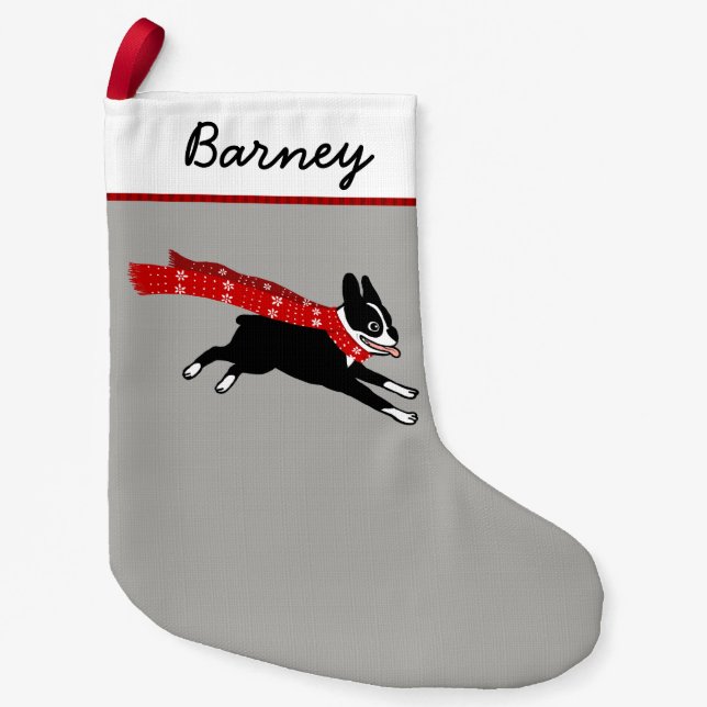 Niedlicher Cartoon-Boston-Terrier-glückliches Kleiner Weihnachtsstrumpf (Vorderseite)