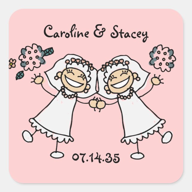 Niedlicher Cartoon Bride Bride Lesbian Wedding Quadratischer Aufkleber (Vorderseite)