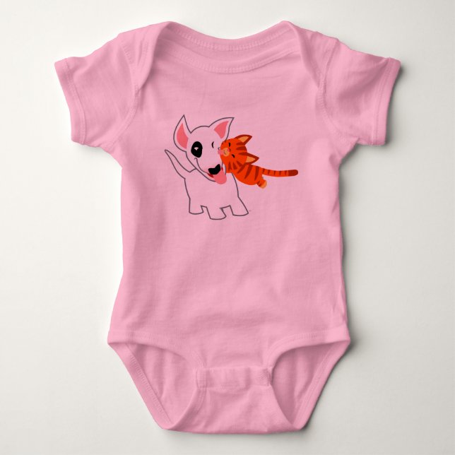 Niedlicher Cartoon Bull Terrier and Kitten Baby Be Baby Strampler (Vorderseite)