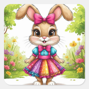 Niedlicher Cartoon Bunny im farbenfrohen Kleid Quadratischer Aufkleber