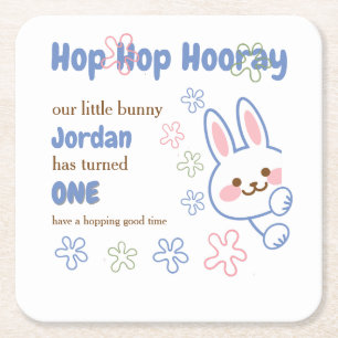 Niedlicher Cartoon Bunny Turning One Boys 1. Gebur Rechteckiger Pappuntersetzer