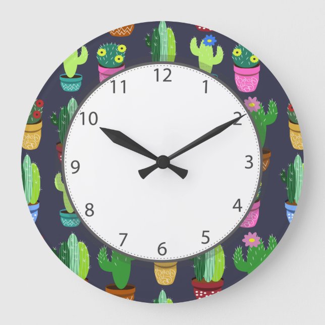 Niedlicher Cartoon Cactus Pattern Gray Numbers Große Wanduhr (Vorderseite)