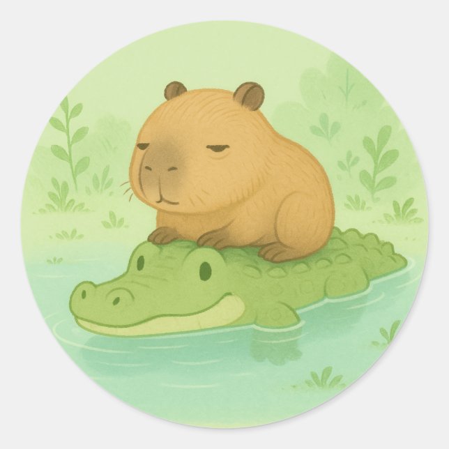 Niedlicher Cartoon Capybara auf grünem Krokodil Runder Aufkleber (Vorderseite)