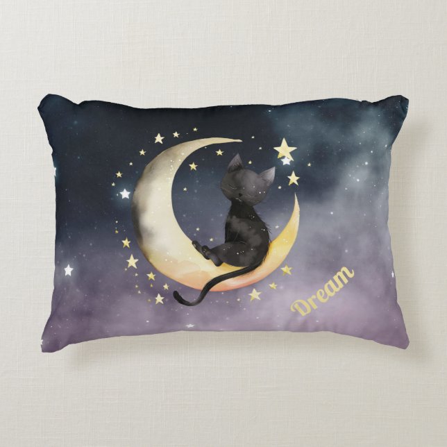 Niedlicher Cartoon Cat on Moon Dekokissen (Vorderseite)
