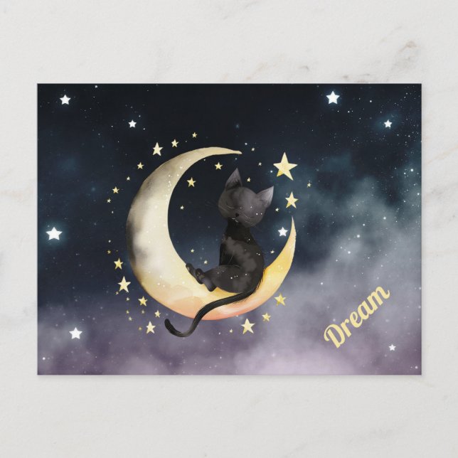 Niedlicher Cartoon Cat on Moon Postkarte (Vorderseite)