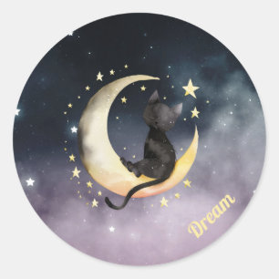 Niedlicher Cartoon Cat on Moon Runder Aufkleber