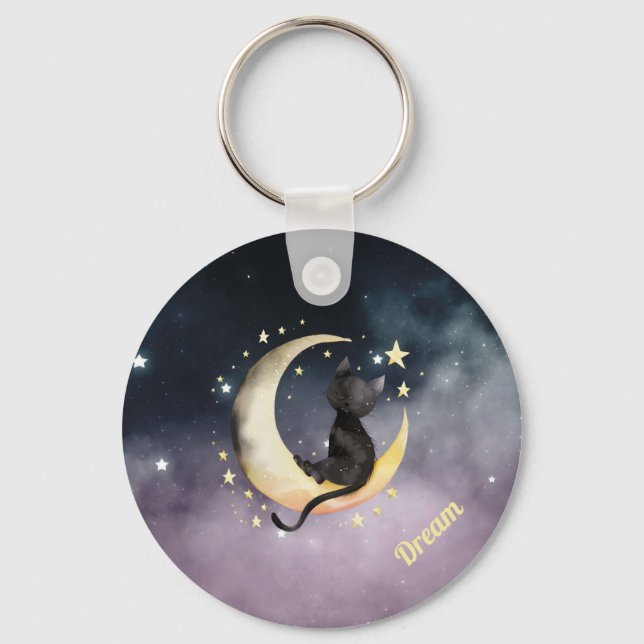 Niedlicher Cartoon Cat on Moon Schlüsselanhänger (Vorderseite)