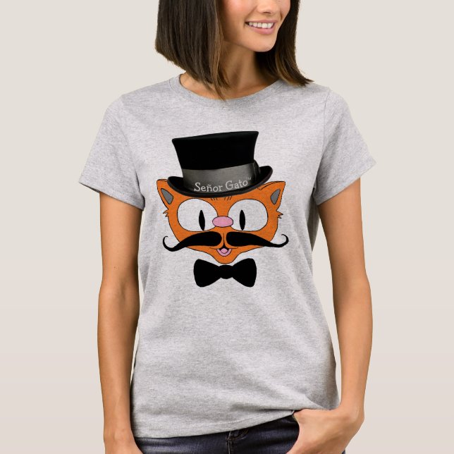 Niedlicher Cartoon Cat Señor Gato Handlebar Mustac T-Shirt (Vorderseite)