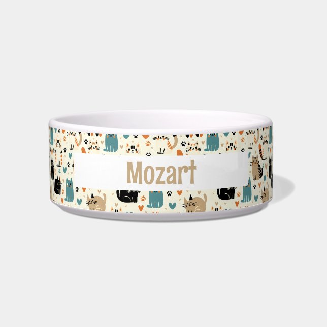 Niedlicher Cartoon Cat Theme Personalisierter Name Napf (Vorderseite)