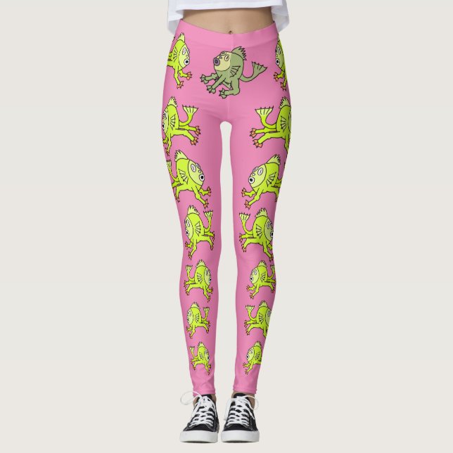 NIEDLICHER CARTOON CATFISH, PINK, GRÜNE, LEGGINGS (Vorderseite)
