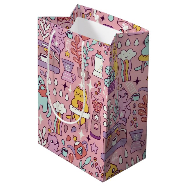Niedlicher Cartoon Chat Collection auf rosa Mittlere Geschenktüte (Rückseite Schrägansicht)