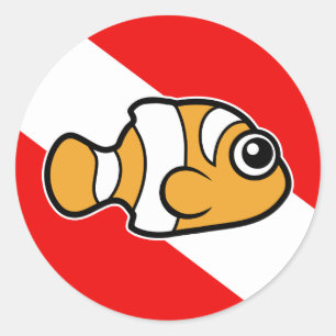 Niedlicher Cartoon Clownfish Diving Flag Runder Aufkleber