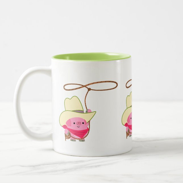 Niedlicher Cartoon Cowboy Schweinefleisch mit Lari Zweifarbige Tasse (Links)