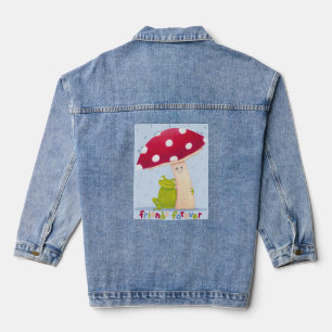 Niedlicher Cartoon, der Frosch und Pilze im Regen Jeansjacke