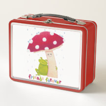 Niedlicher Cartoon, der Frosch und Pilze im Regen 
