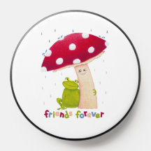 Niedlicher Cartoon, der Frosch und Pilze im Regen