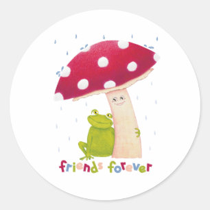 Niedlicher Cartoon, der Frosch und Pilze im Regen Runder Aufkleber