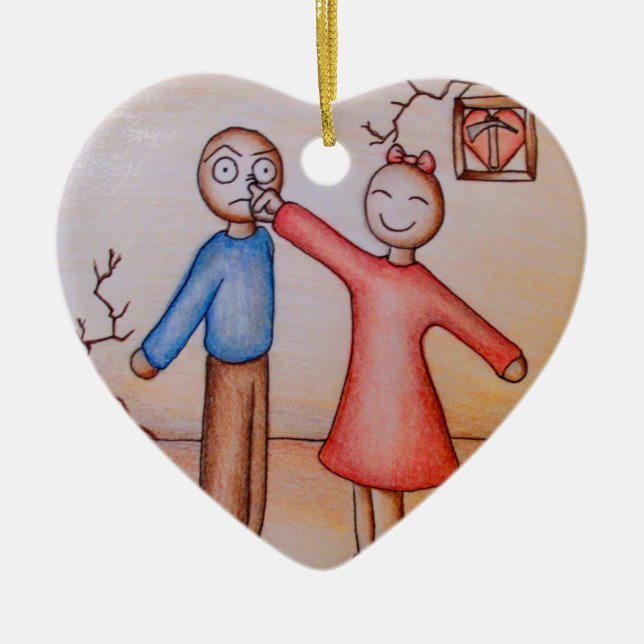 Niedlicher Cartoon der Mädchen-Sammeln-Jungen-Nase Keramik Ornament (Vorne)