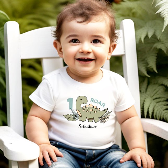 Niedlicher Cartoon Dinosaur Blue Green Boy 1. Gebu Baby T-shirt (Cute Cartoon Dinosaur Blue Green Boy 1st Birthday Baby T-Shirt)