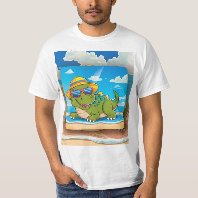 Niedlicher Cartoon Dinosaur Entspannen am Strand m T-Shirt (Vorderseite)