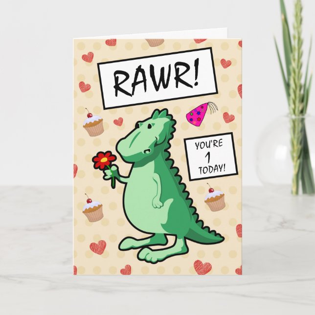 Niedlicher Cartoon Dinosaur Roar Happy 1. Geburtst Karte (Vorderseite)