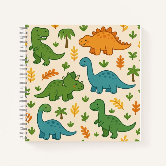 Niedlicher Cartoon Dinosaurier mit Blätter - Fun P Notizbuch (Vorderseite)