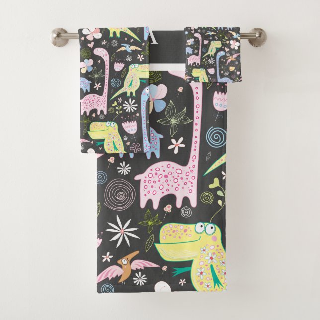 Niedlicher Cartoon Dinosaurier Muster Name Dunkelg Badhandtuch Set (Insitu)