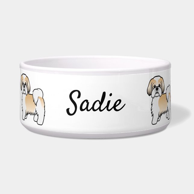 Niedlicher Cartoon Dog & Name von Gold und White S Napf (Vorderseite)
