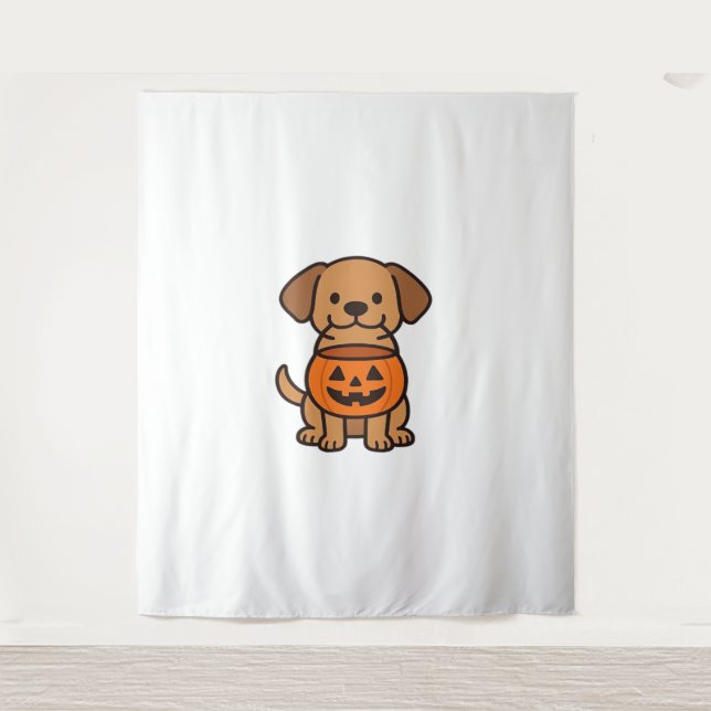 Niedlicher Cartoon Dog Trick-or-Treating Classic T Wandteppich (Vorderseite)