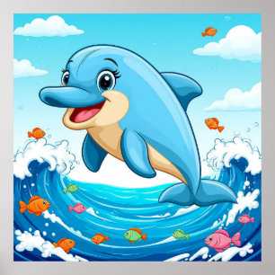 Niedlicher Cartoon Dolphin Splashing in Wasser Poster