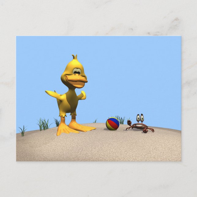 Niedlicher Cartoon Duck and Crab on Beach Postkarte (Vorderseite)
