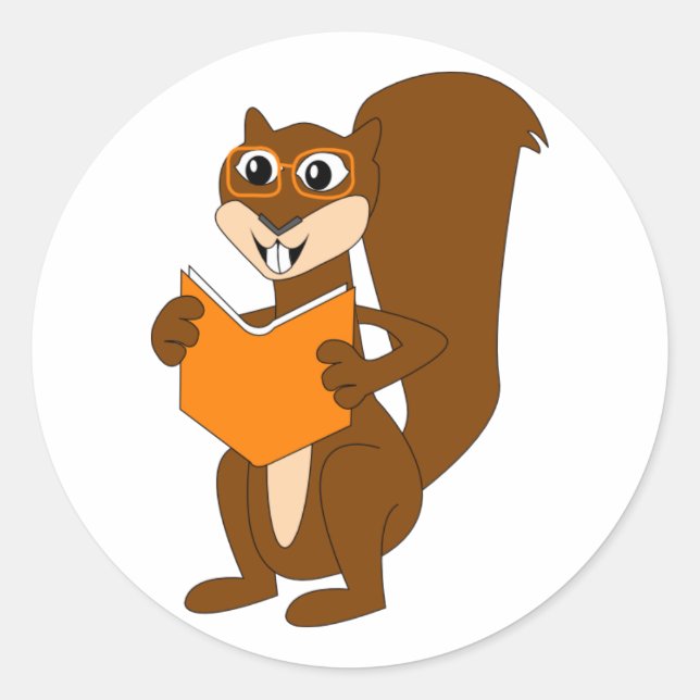 Niedlicher Cartoon Eichhörnchen mit Brille Lesebuc Runder Aufkleber (Vorderseite)