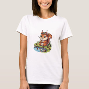 Niedlicher Cartoon-Eichhörnchen mit Hut beim Fisch T-Shirt