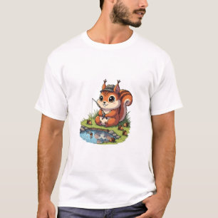 Niedlicher Cartoon-Eichhörnchen mit Hut beim Fisch T-Shirt