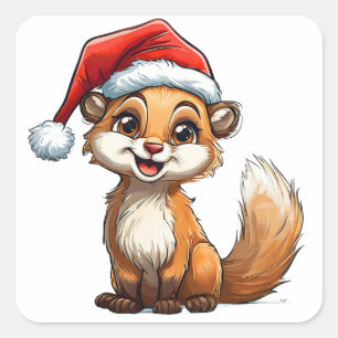 Niedlicher Cartoon-Eichhörnchen mit Weihnachtsmann Quadratischer Aufkleber