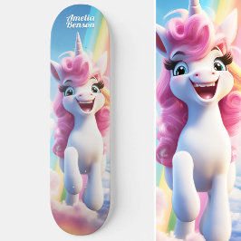 Niedlicher Cartoon Einhorn Fliegen in Sky Skateboard